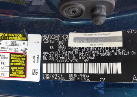 2011 Toyota Sienna Le V6 из США, поврежденный, VIN 5TDKK3DCXBS098785